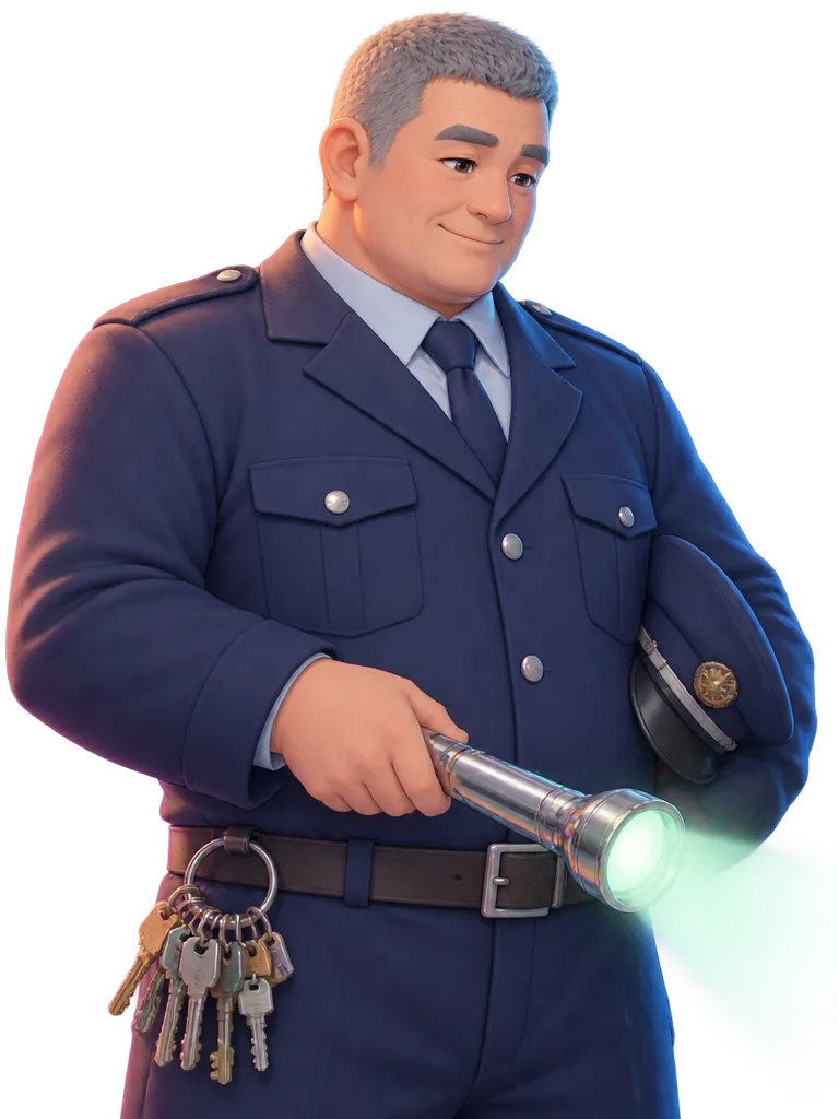 Goro, satpam bertubuh besar berseragam navy, memegang senter krom bercahaya mint dan tersenyum kecil.
